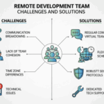 A visually engaging infographic titled "Remote Development Team Challenges and Solutions." The graphic is split into two sections. On the left, under "Challenges," are icons representing Communication Breakdowns (a broken chain), Lack of Team Cohesion (a person feeling isolated), Time Zone Differences (a clock), Security Concerns (a padlock), and Technical Issues (a computer with a red X). On the right, under "Solutions," are corresponding icons for Regular Communication & Tools, Virtual Team Building, Flexible Scheduling, Robust Security Protocols, and Dedicated Tech Support.