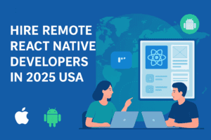 Hire remote React Native developers in USA 2025 – digital illustration showing professionals collaborating on laptops with React Native logo, app wireframes, and iOS/Android icons.