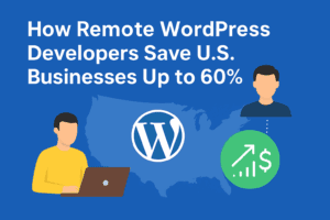 Flat-style digital illustration showing a U.S. map with business icons, cost-saving graph, and remote WordPress developers connected through laptops, symbolizing up to 60% savings for American companies.