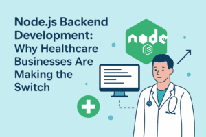 Illustration of a doctor with a stethoscope, computer screen, and Node.js logo representing the shift to Node.js backend development in healthcare businesses.