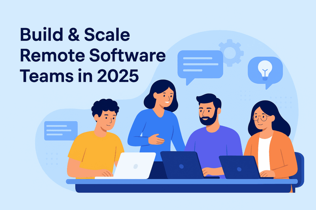 Illustration of diverse remote software developers collaborating online with laptops, symbolizing how to build and scale remote development teams in 2025