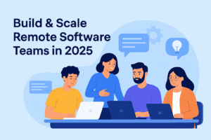 Illustration of diverse remote software developers collaborating online with laptops, symbolizing how to build and scale remote development teams in 2025