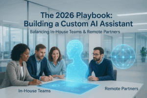Business team collaborating with a holographic AI assistant in a modern office, symbolizing the balance between in-house teams and remote partners for building a custom AI assistant in 2026.