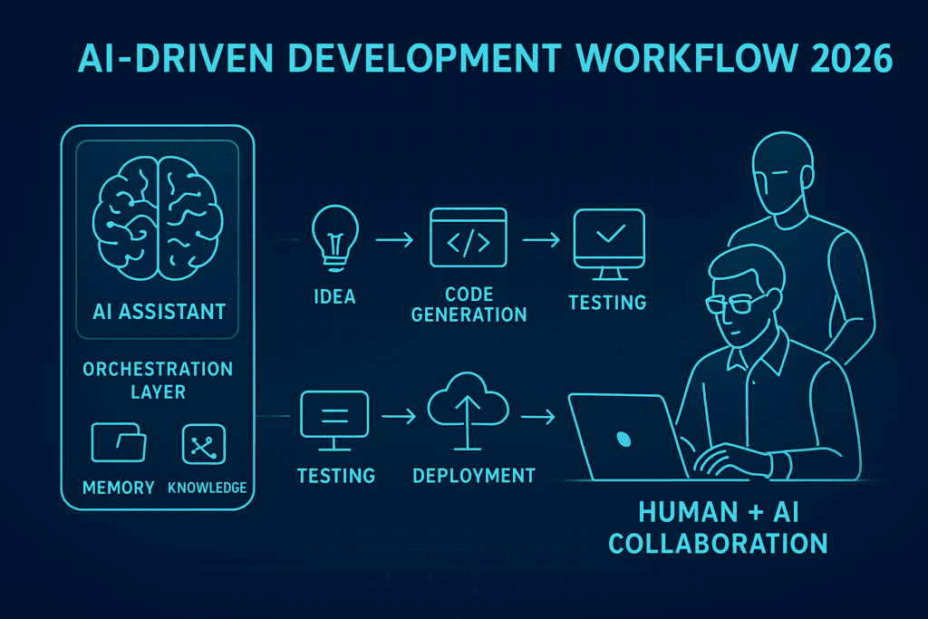 Infographic showing the AI-driven development workflow in 2026, with an orchestration layer powering code generation, testing, deployment, and monitoring, alongside human–AI collaboration.