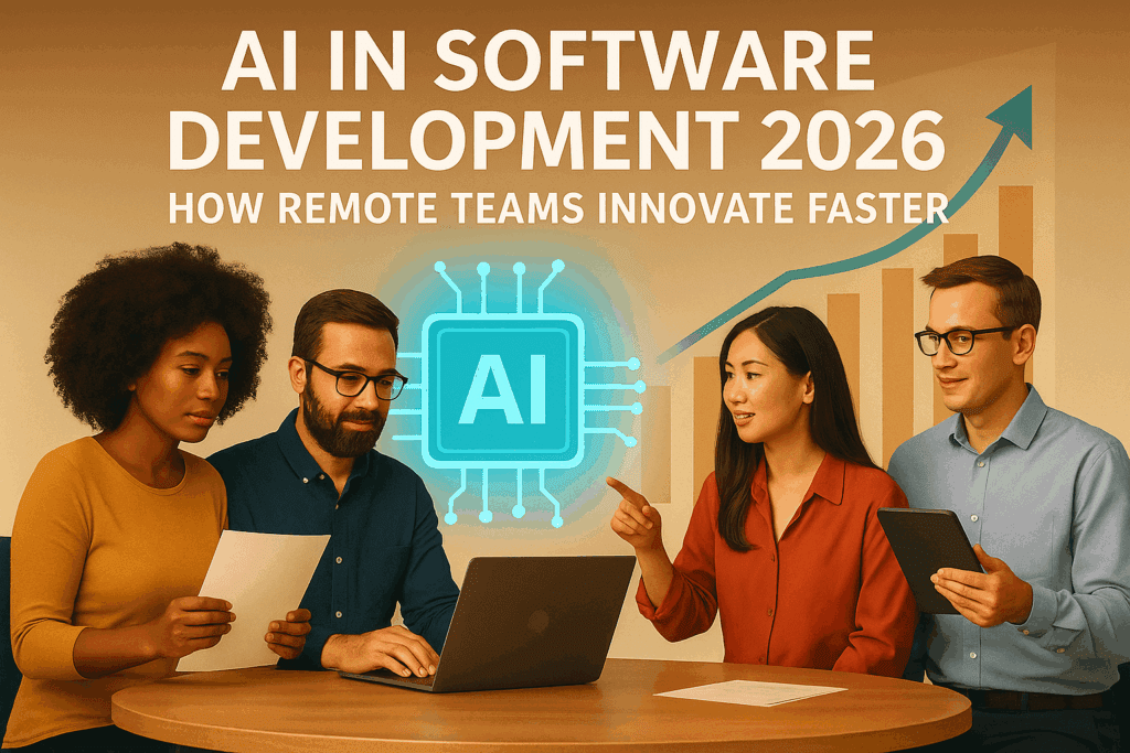 A realistic promotional banner showing diverse software developers collaborating in a bright modern office with AI-themed visuals and text overlay reading “AI in Software Development 2026 – How Remote Teams Innovate Faster.”