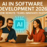 A realistic promotional banner showing diverse software developers collaborating in a bright modern office with AI-themed visuals and text overlay reading “AI in Software Development 2026 – How Remote Teams Innovate Faster.”
