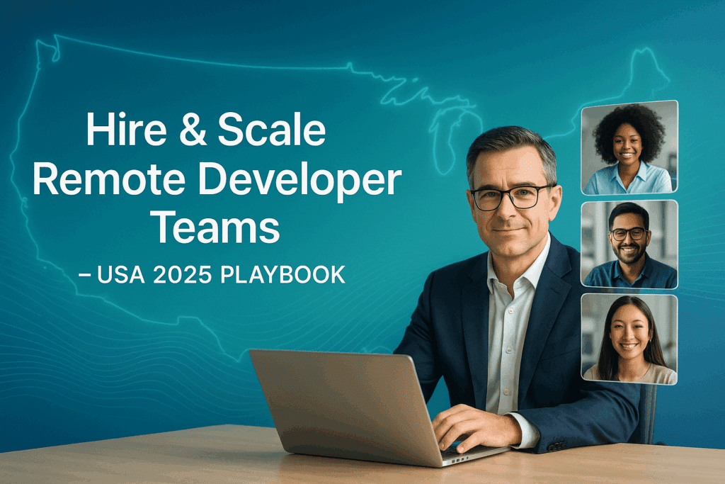 Business leader with laptop collaborating with remote software developers on video call, symbolizing hiring and scaling remote developer teams in USA 2025.