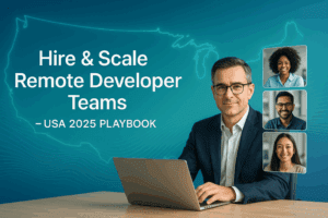 Business leader with laptop collaborating with remote software developers on video call, symbolizing hiring and scaling remote developer teams in USA 2025.